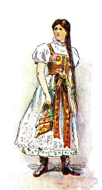 在布达佩斯千年展览上，匈牙利妇女穿着矿工的服装，全身直立，正面观看，长长的猪尾巴图片下载