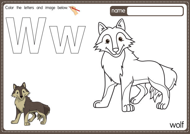矢量插图的儿童字母着色书页与概述剪贴画，以颜色。字母W代表狼。图片下载
