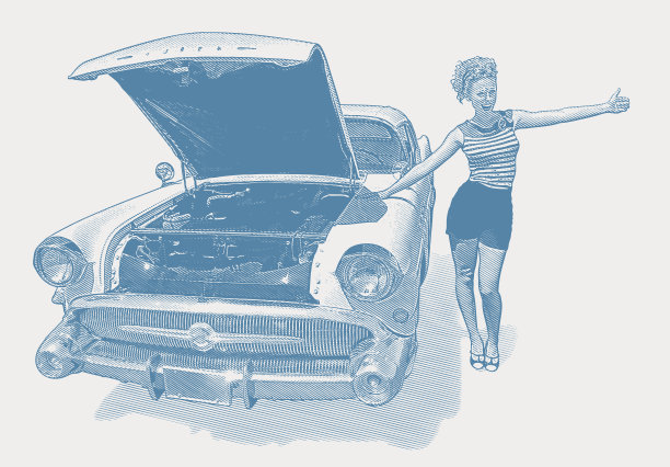 复古1950年的女人和收藏家的车在公路旅行图片下载