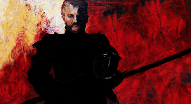 时尚的插图前卫的艺术象征作品我的原画油画在帆布上画了一个现代英俊的男人在中世纪的骑士的形式与戟和盔甲图片下载