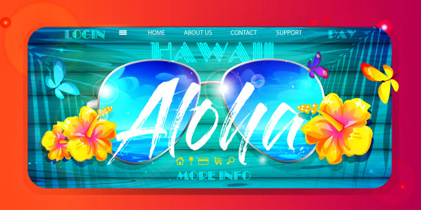 阿罗哈夏威夷热带假日网页模板在卡通风格。夏威夷语的欢迎文字，木槿花和太阳镜在古老的木制背景下，棕榈树的树荫下。图片下载