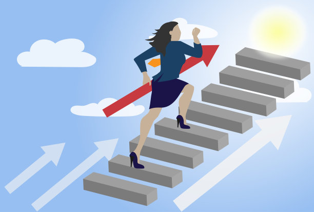 女商人拿着红箭头，在水泥楼梯上奔跑。图片下载