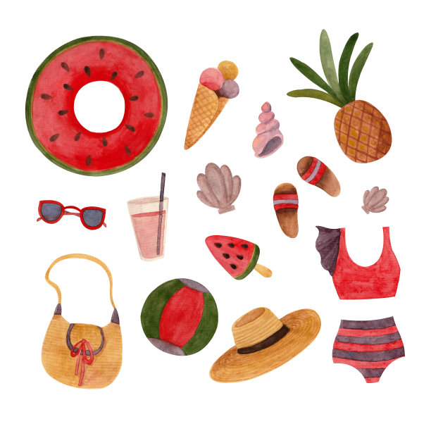 一套夏天水彩插图与海滩配件图片下载