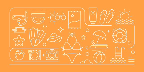 夏天和海滩相关的矢量旗帜设计概念，与图标的现代线条风格图片下载