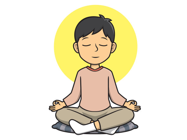 卡通形象，一个男人坐着练习冥想，周围是黄色的灯光。图片下载