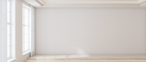 室内空间采用现代风格的客厅，日式简约，空间空旷，宽敞，木地板，光影，自然光透入窗外。3 d渲染。图片下载