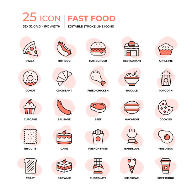 快餐扁平风格的线条图标图片下载