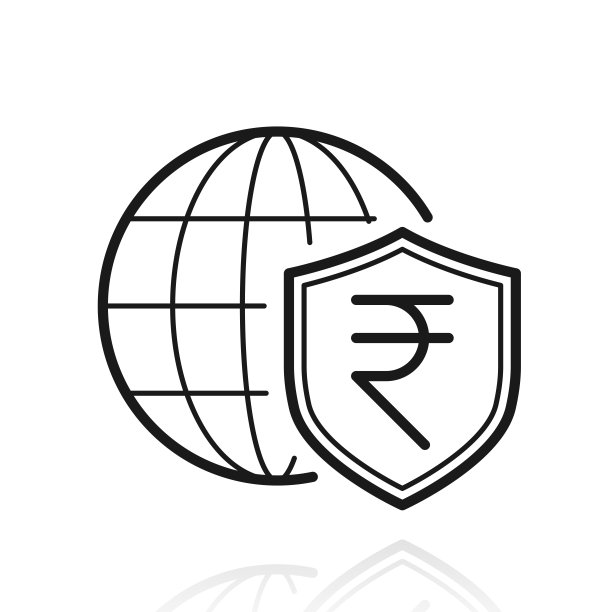 带地球仪的印度卢比盾牌。白色背景上反射的图标图片下载