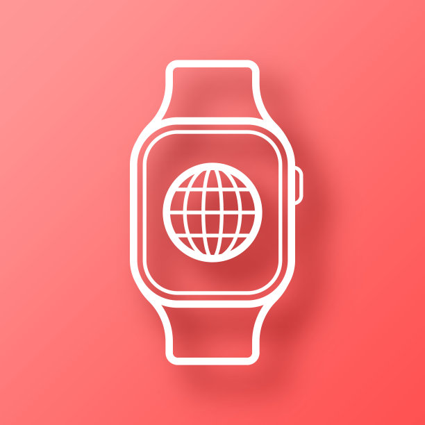 智能手表与全球。图标在红色背景与阴影图片下载