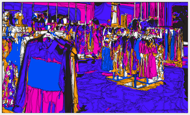 勾勒风格霓虹色彩的立体卡通室内场景，服装卖场的室内空间图片下载