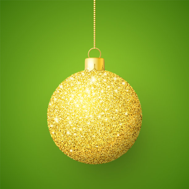金色闪闪的圣诞球在绿色的背景图片下载