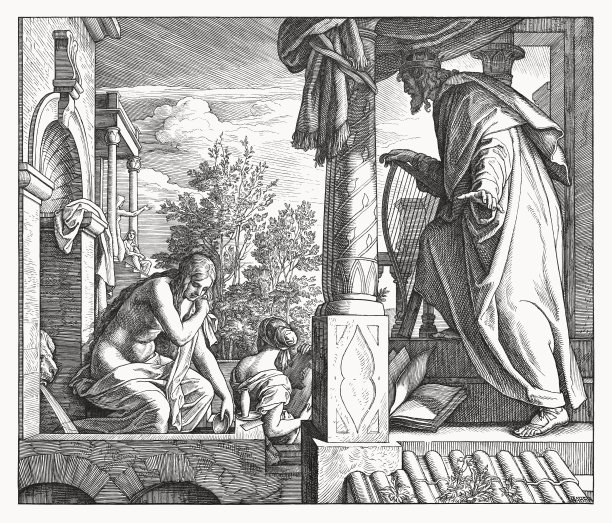 大卫看见拔示巴在洗澡(撒母耳记下11,2)，木刻，1860年图片下载