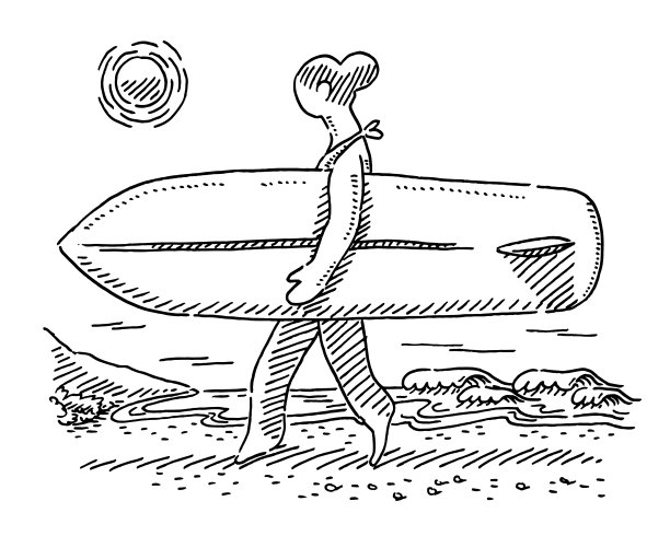 海滩上拿着冲浪板画画的女人图片下载