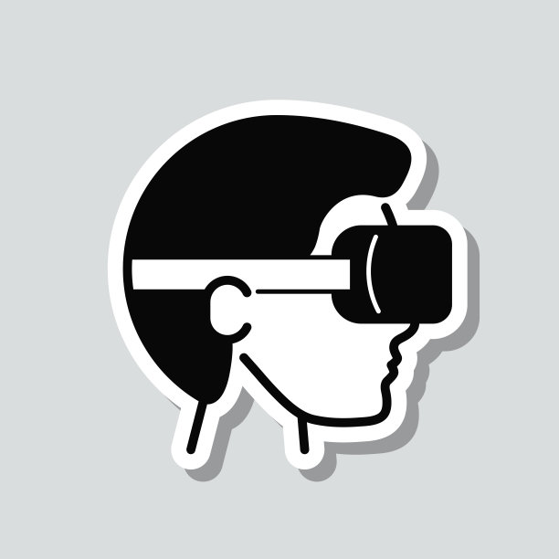 带VR头盔的人-虚拟现实。图标贴纸在灰色背景图片下载
