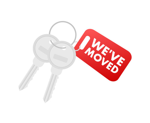 我们有感动。搬家的办公室标志与钥匙。剪贴画图像孤立的蓝色背景。矢量图图片下载