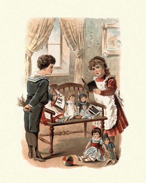 孩子们在托儿所玩耍，学习阅读，ABC，娃娃，维多利亚图片下载