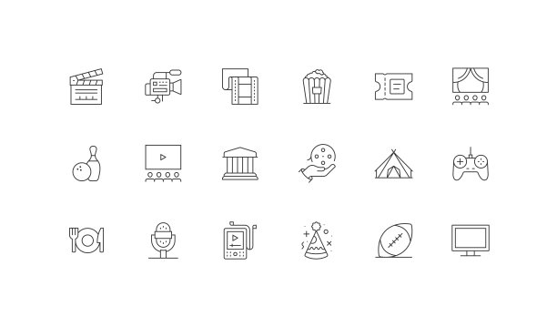 采购产品娱乐，拍板，电影摄像机，电影带，爆米花，票图标图片下载