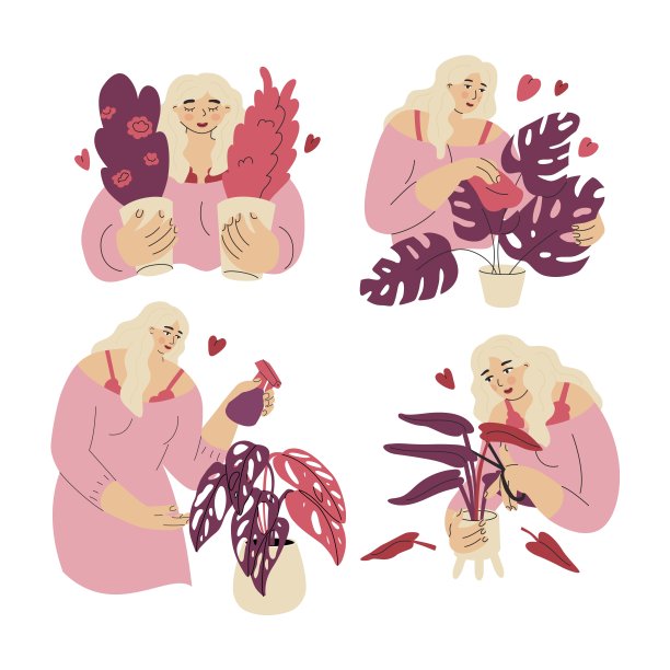 收藏组合与女孩照顾室内植物。植物爱好者的卡片。用爱种花。浇水、修剪、购买、护理。平面风格的矢量插图。孤立的元素。图片下载