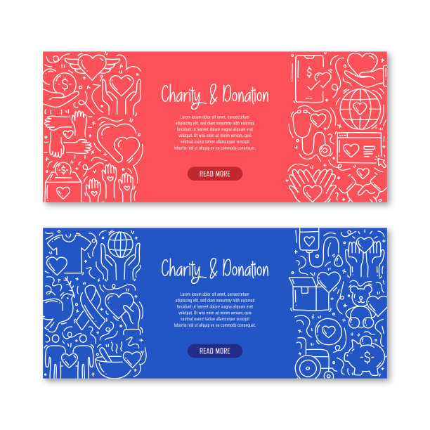 慈善和捐赠相关的对象和元素。手绘矢量涂鸦插图集合。横幅模板与不同的慈善和捐赠对象图片下载