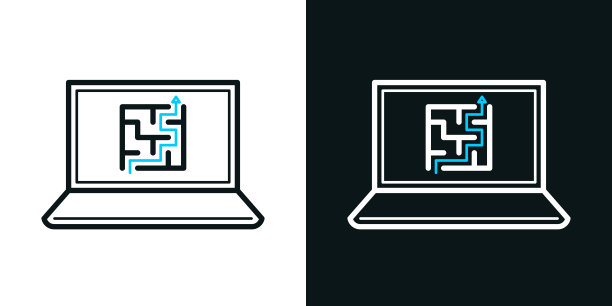 带迷宫的笔记本电脑。黑色或白色背景上的双色线条图标-可编辑笔触图片下载