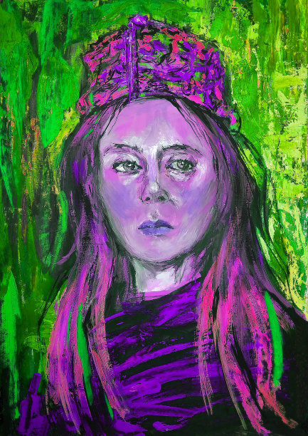 插图油画肖像的女人长发和杂色的东方帽子在明亮的背景在绿色调图片下载