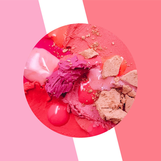 矢量现实红色和粉红色唇膏涂抹涂抹与指甲油滴和粉碎的脸粉，化妆品组成，化妆设计，美容师纹理背景，化妆组成图片下载