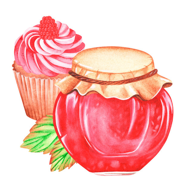 覆盆子果酱配小蛋糕。水彩插图。孤立在白色背景上。为设计。图片下载