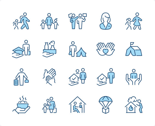 难民与志愿者图标集，可编辑描边粗细的完美像素双色图标图片下载