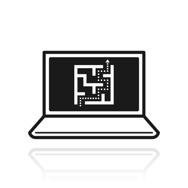 带迷宫的笔记本电脑。白色背景上反射的图标图片下载