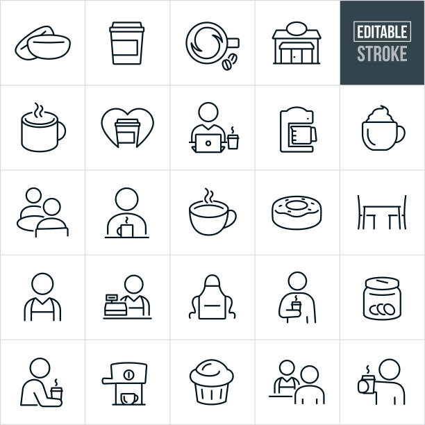 咖啡店细线图标-可编辑的中风图片下载