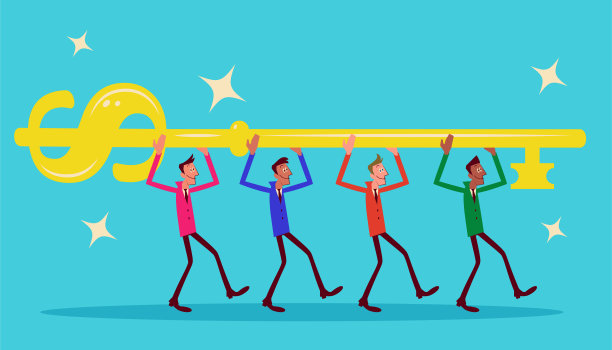 多民族商务人士携带象征成功的金钱钥匙图片下载