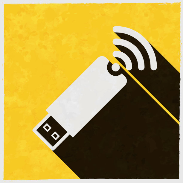 USB无线网卡。图标与长阴影的纹理黄色背景图片下载