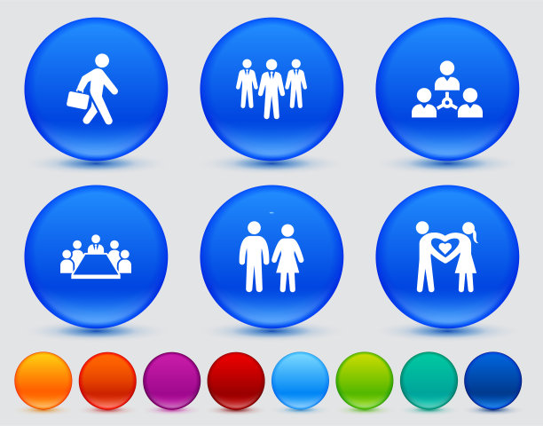 人们和现代生活图标设置在蓝色闪亮的圆形按钮图片下载