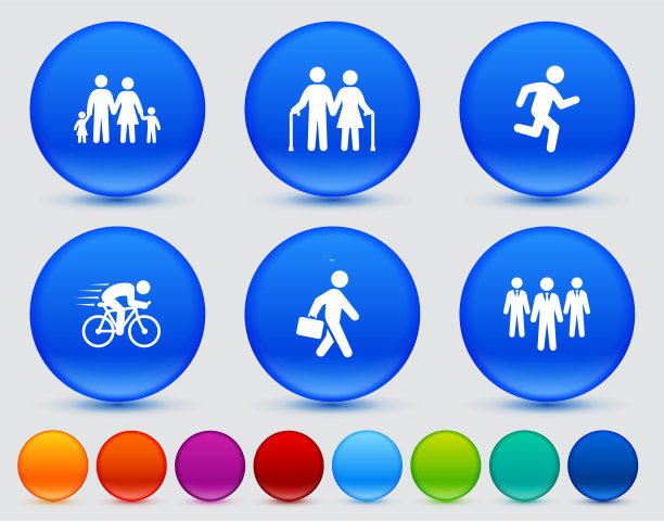 人们和现代生活图标设置在蓝色闪亮的圆形按钮图片下载