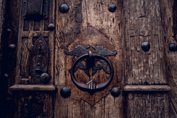 木门上有漂亮的青铜把手门环。图片下载