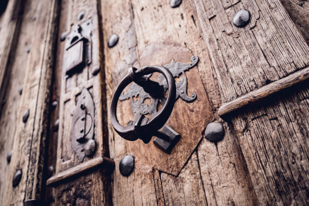 木门上有漂亮的青铜把手门环。图片下载