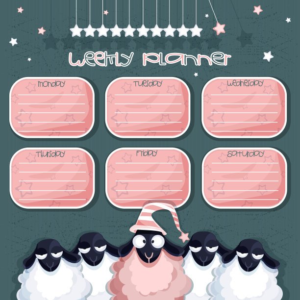卡通风格的日常规划概念。每周待办事项清单与可爱的昏昏欲睡的羊在抽象多彩的夜晚背景与星星。现代创意插画应用程序，网站，演示或设计。图片下载