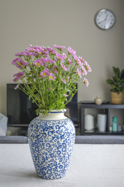 室内客厅的垂直照片。中间是一个插着粉红色小菊花的花瓶。图片下载