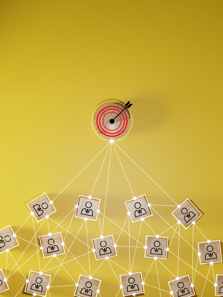 红色的飞镖和黑色的箭头与人的图标连接，为客户关注的目标群体和客户关系管理的概念。图片下载