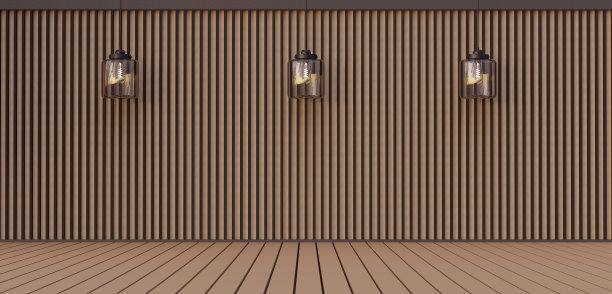 空的房间场景最小的天花板灯在房间中间，内部板条地板和板条墙壁空的舞台背景3D插图图片下载