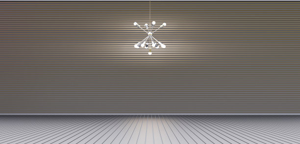 空的房间场景最小的天花板灯在房间中间，内部板条地板和板条墙壁空的舞台背景3D插图图片下载