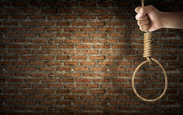 手握绳套索与刽子手的结挂在黑暗的砖墙图片下载