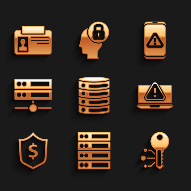 设置服务器，数据，网络托管，加密货币密钥，笔记本电脑与感叹号，盾美元，移动和识别徽章图标。向量图片下载
