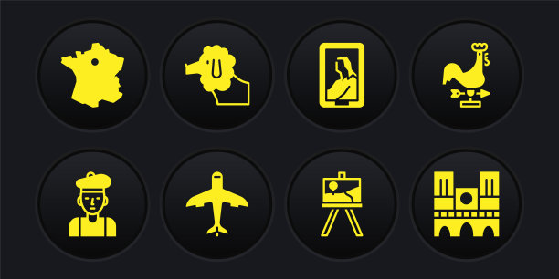 集法国人，公鸡风向标，飞机，画架或绘画艺术板，肖像博物馆，贵宾犬，巴黎圣母院和地图的法国图标。向量图片下载