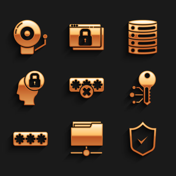 设置密码保护，FTP文件夹，屏蔽与复选标记，加密货币密钥，人的头锁，服务器，数据，Web托管和响警铃图标。向量图片下载