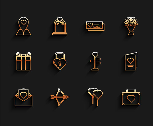 集线信封与情人节的心，弓和箭，地图指针，气球形式的丝带，手提箱旅行，城堡的形状，情人节派对传单和路标图标。向量图片下载