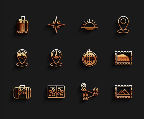 集线行李箱旅行和贴纸，护照页与签证邮票，路线位置，邮政山脉，地图指针埃菲尔铁塔，体育馆和全球飞行飞机图标。向量图片下载
