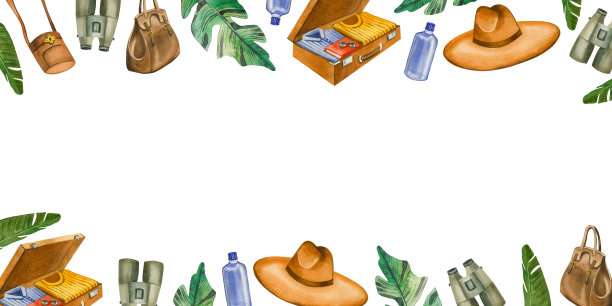 白色背景上的矩形框架。手提箱的东西，旅行袋，太阳帽，太阳镜，棕榈枝手绘水彩在一个白色的背景。适合印刷、设计图片下载