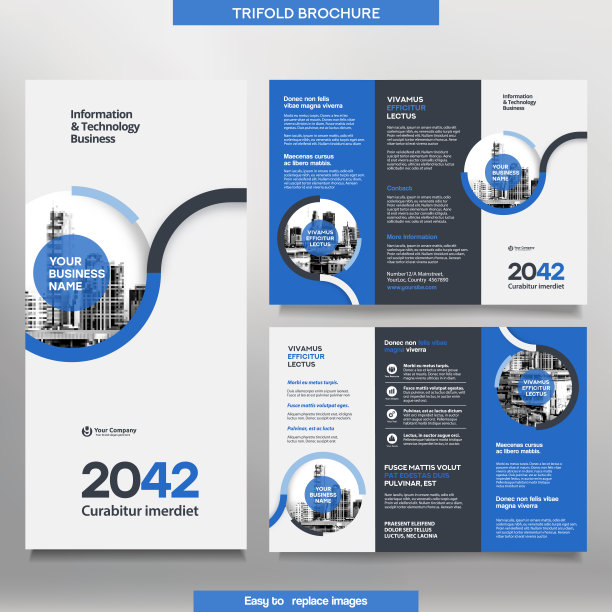 商业宣传册模板在三折叠布局。企业设计单张，可更换形象。图片下载