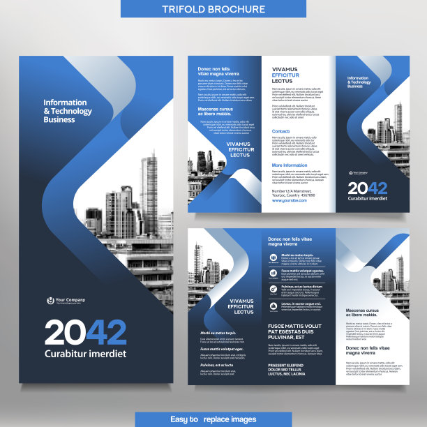商业宣传册模板在三折叠布局。企业设计单张，可更换形象。图片下载